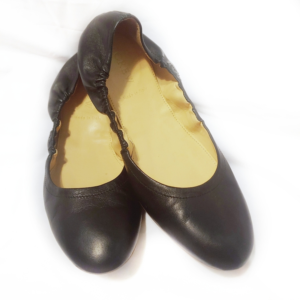 J crew ballerina fold away black leather flats